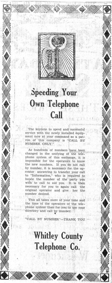 Columbia City Whitley County Telephone Co. ad